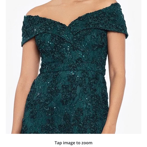 Xscape Embroidered Off-the-Shoulder Short Sleeve Lace A-line Gown - Picture 3 of 6